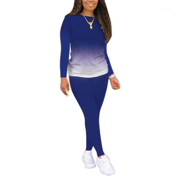 

2 pcs women gradient outfits casual style long sleeve round neck pullover + pencil pants1, Gray