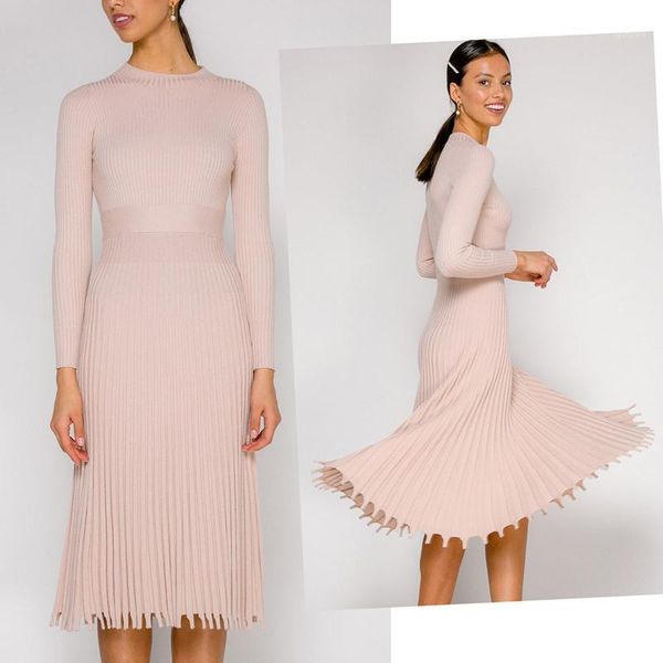 

women knitted long dress autumn winter slim sleeve ladies dresses elegant party female sweater dress bottoming pleated dress#g301, Black;gray