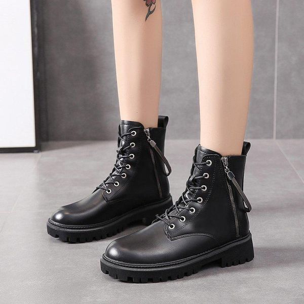 

boots shoes for women 2021 autumn winter black cotton keep warm motorcycle cool girl casual zipper med heel femmes chaussures