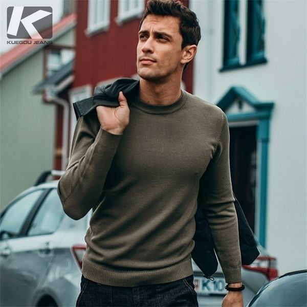 

kuegou 2020 autumn cotton plain gray sweater men pullover casual jumper for male wear brand knitted korean style clothes 8921 lj201009, White;black