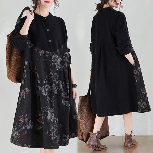 

2021 spring new long-sleeved patchwork floral dress female printed cotton and linen dresses stand collar single-breasted pocket, Black;gray