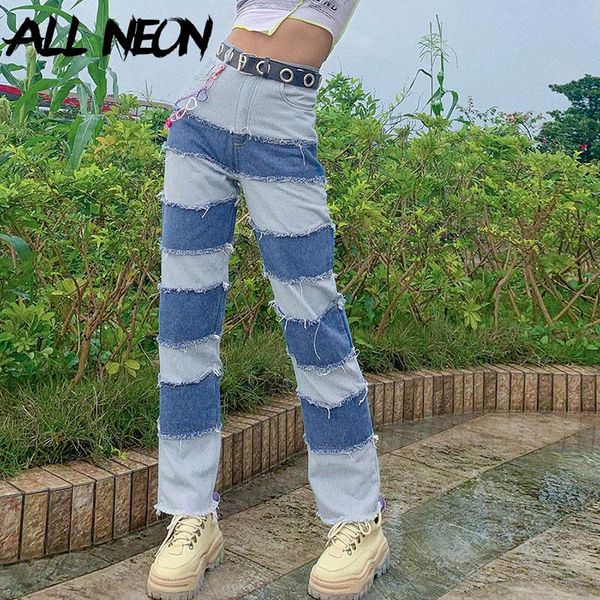 

allneon y2k e-girl patching sew stitch jeans for women hip hop hight waist denim loose long pants fashion chic outfit streetwear, Blue