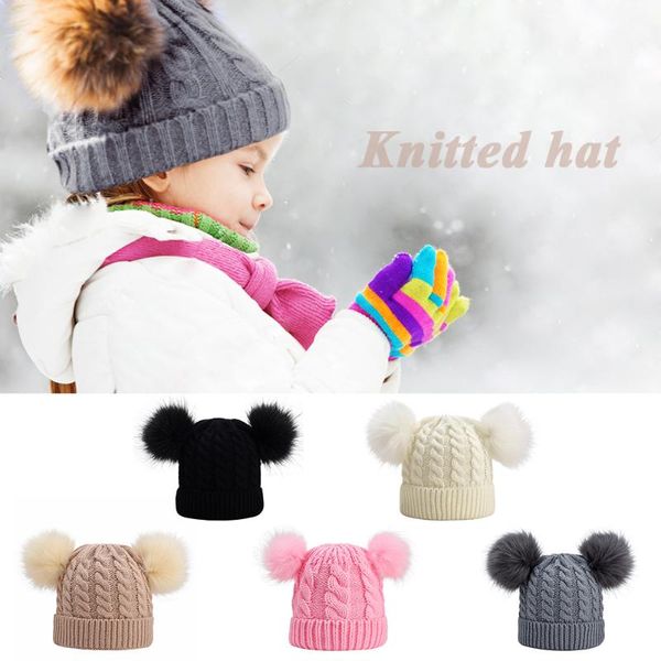 

cute knitted hat scarf set beanie cap children's hats girls caps fake ball pompon keep warm winter knitted skullies kids bone, Slivery;white