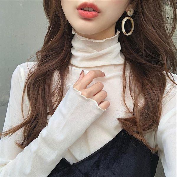 

fashion mesh solid basic t shirt long sleeve high collar see through t shirt thin slim street casual tee shirts xz621, White