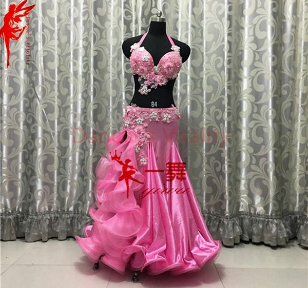 

belly dance clothes gilrs flowers bra and satin long skirt 2pcs salsa dance clothing suit b/c cup ballroom latin set1, Black;red