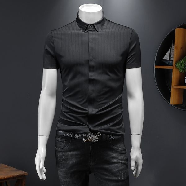 

summer thin drape striped short-sleeved shirt men's slim japanese retro all-match casual business shirt trend 2022, White;black