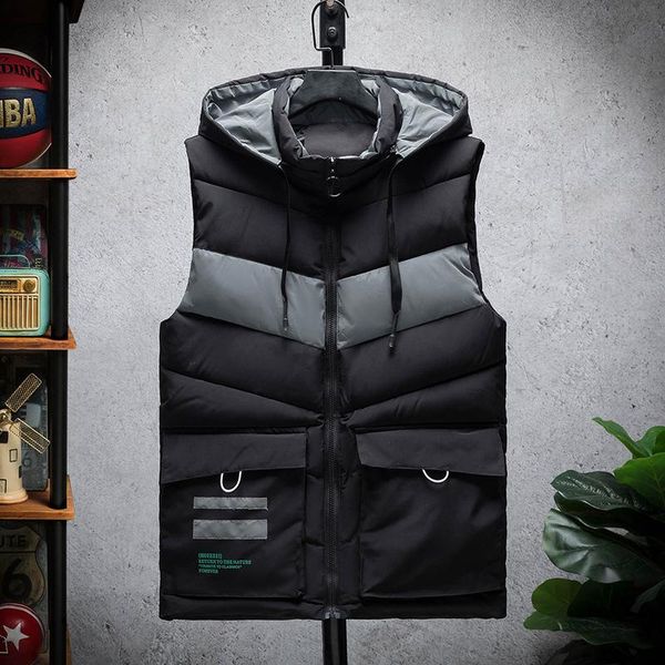 

winter vest men sleeveless jacket male hooded coat mens cotton padded vest windproof bodywarmer cotton, Black;white