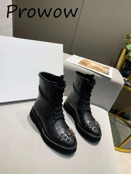 

ollymurs genuine leather round toe crystal beading ankle boots lace up thick heel low heel boots, Black