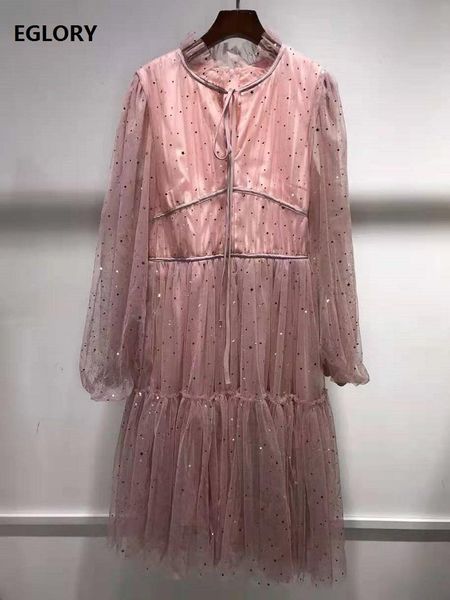 

ball gown dress 2021 spring fashion style women o-neck sequined deco long sleeve casual sweet pink mesh party club dresses lady, Black;gray