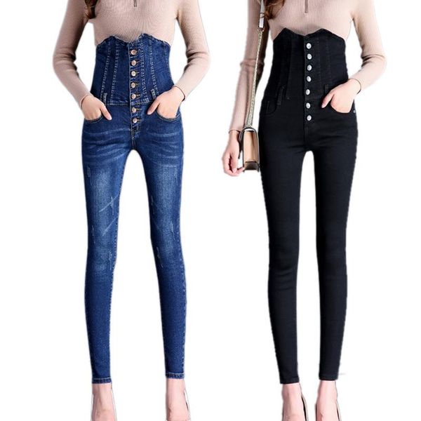 

2020 spring fashion elastic button bleached high waist slim jeans women denim pencil pants vintage jeans for women plus size, Blue