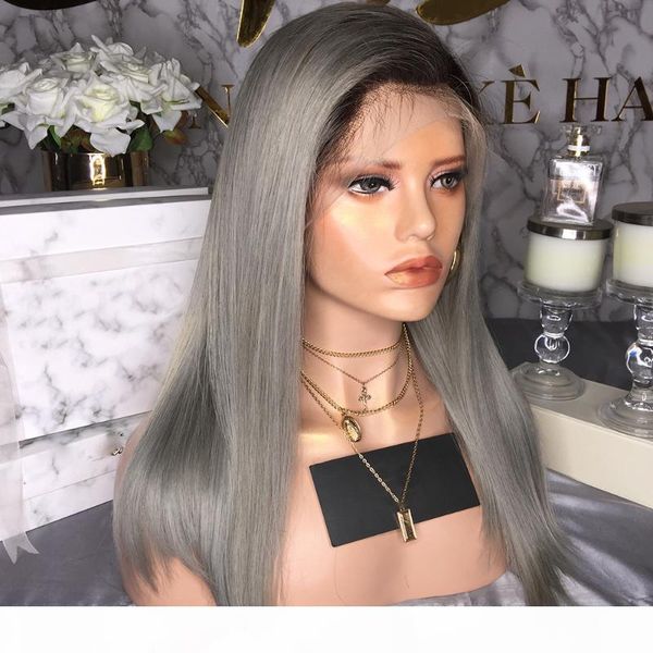

ombre gray silky straight lace front synthetic wig for black women with baby hair middle part natural hairline daily wigs