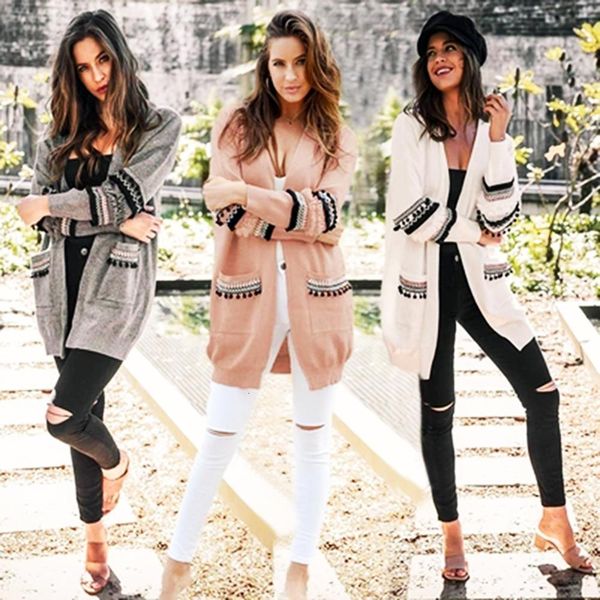 

autumn women long sleeve cardigan ladies winter knitted boho female sweater cardigan floral outerwear tassel spanish elegant cas, White;black