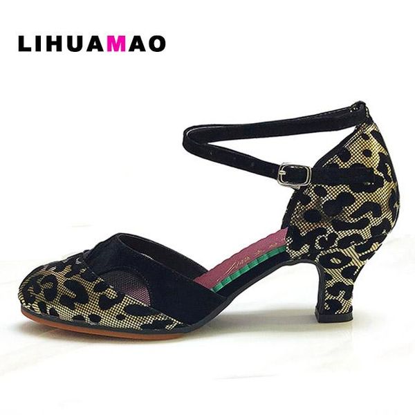 

lihuamao leopard women kitten heel sandals ankle strap round toe for party wedding, latin, jazz, modern dancing shoes, Black