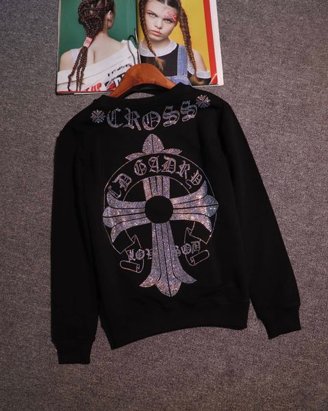 

brand fashion new crosin drill horseshoe cross large long sleeve plush pullover for men and women, Black
