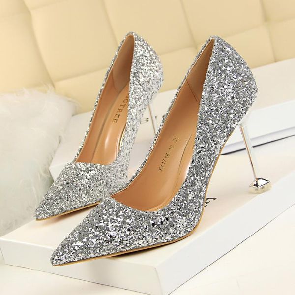 

dress shoes 2021 woman 9.5cm high heels female stiletto party glitter bling scarpins gold pumps funky bright wedding bridal, Black