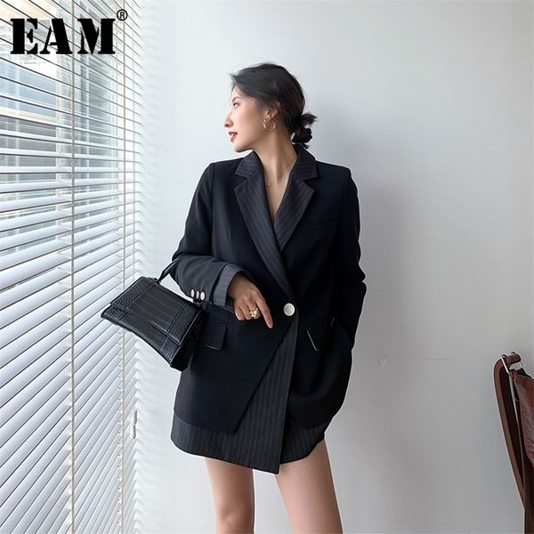 

[eam] women black striped split big size blazer new lapel long sleeve loose fit jacket fashion tide spring autumn 2020 lj201214, White;black
