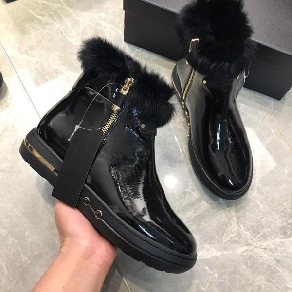 

lambswool snow boot rivet non-slip short boot splice martin boots fur platform leather boots winter double zipper women's shoes, Black