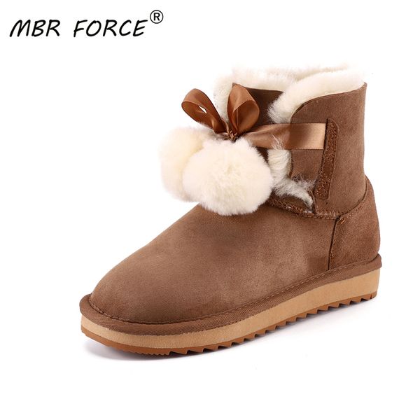 

mbr force new fashion sheepskin leather fur lined women suede ankle snow boots pom-pom style winter shoes for girls large q1104, Black