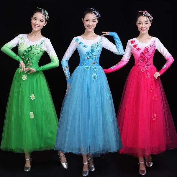 

h2608 women dance dress chinese folk dance big swing long sleeve costumes female square dancing performance practice wear, Black;red