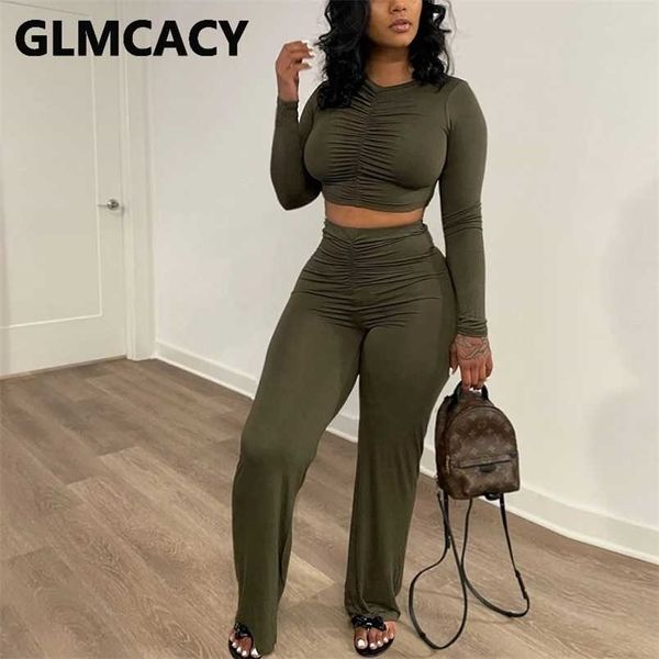 

two piece casual suits long sleeve solid crop & slim pants set 211221, White