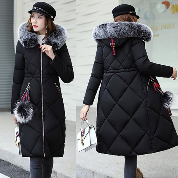

long female zip padded fur hooded jacket down parka for women winter coat overwear overcoat, Black