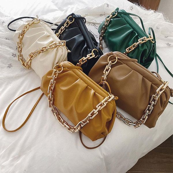 

women solid color handbag clutch bag thick metal chain hobos dumplings bags for women high quality