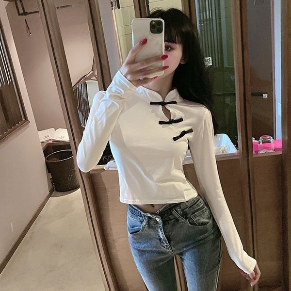 

2020 autumn new buckle improved cheongsam short slim long sleeve t-shirt temperament versatile women