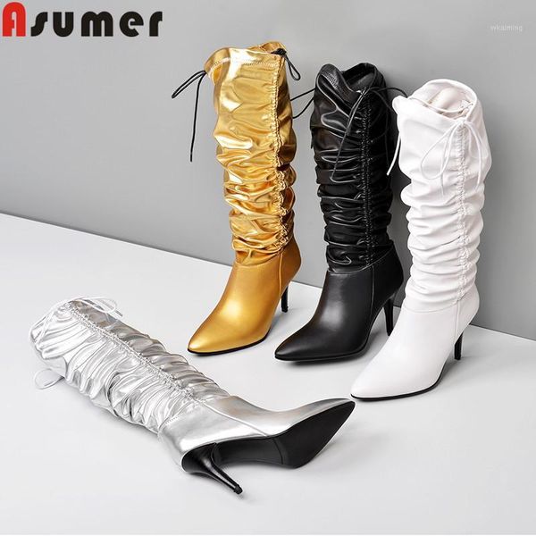 

asumer big size 34-43 fashion mid calf boots women genuine leather boots zip high heels prom autumn winter wrinkle1, Black