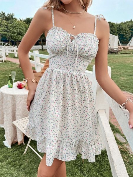 

ditsy floral tie front ruffle hem cami dress v1g8#, Black;gray