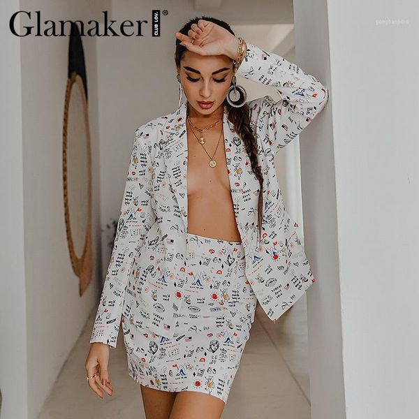 

glamaker letter printing women 2 piece suit casual blazer and straight skirt office ladies high street female sets new 20201, White