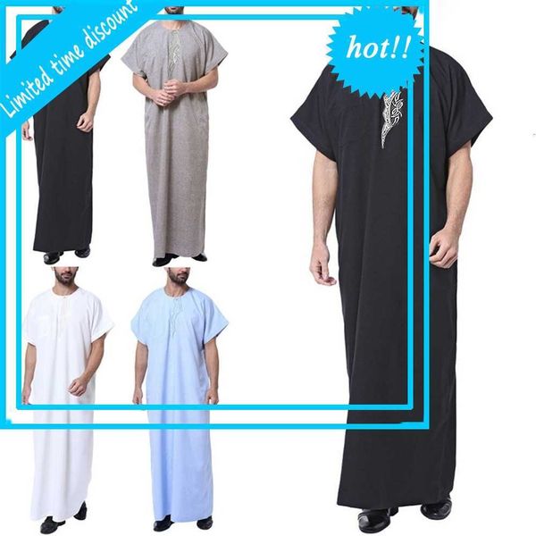 

middle east men's with pocket muslim short mouw o-neck gown single long clothes summer breathing flowers male plus size, White;black