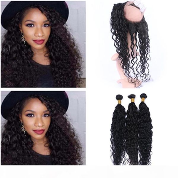 

deep curly 360 lace frontal closure 22.5x4x2 with 3bundles brazilian curly human hair weaves with pre plucked 360 full lace frontal, Black;brown