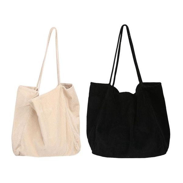 

2 pcs women's corduroy shoulder bag large capacity travel leisure handbag folding reusable shopping bag, white & black