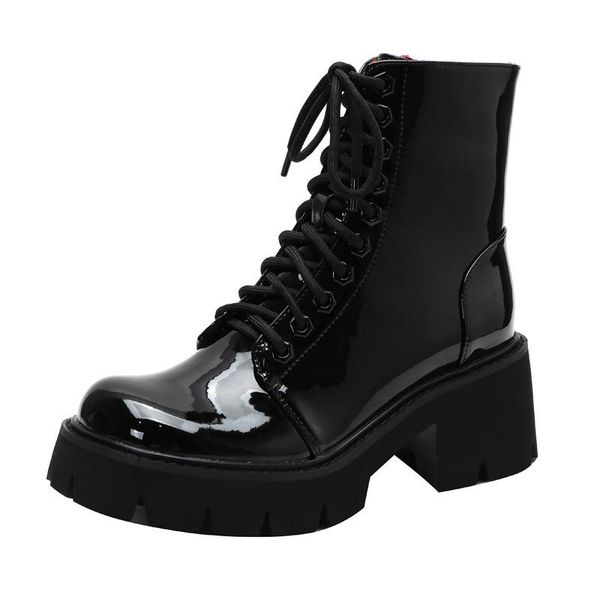 

2020 женщина лакированных сапог осени зима boots женщины коренастой платформа черная кожа голеностопный punk goth 2020 новых, Black