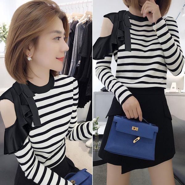

ruffled off-shoulder elegant striped slim-fit sweater women's autumn 2021 new european station, White