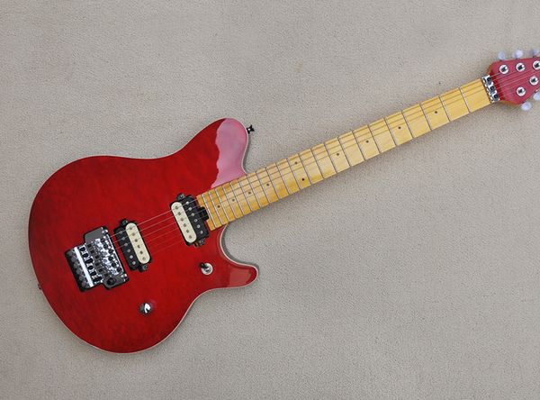 E-Gitarre mit rotem Korpus, Chrom-Hardware und gesteppter Ahorndecke. Wir bieten maßgeschneiderte Dienstleistungen