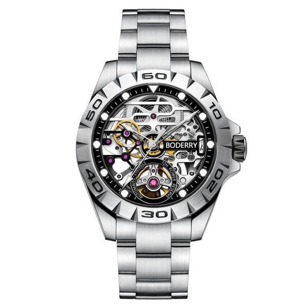 

boderry urban men's fashion watches luxury automatic mechanical luminous waterproof stainless steel male clock relogio masculino 201113, Slivery;brown