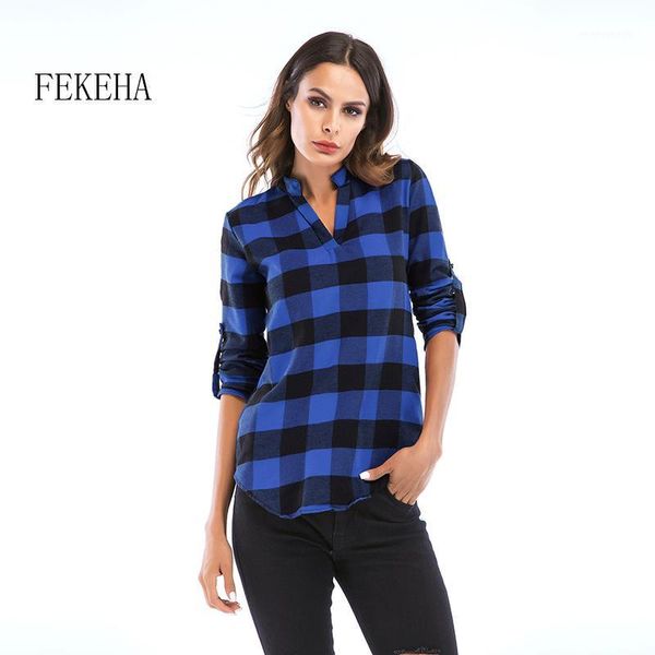 

fekeha women plaid shirts 2018 autumn long sleeve blouses v neck lady office shirt cotton shirt casual plus size 6xl blusas1, White