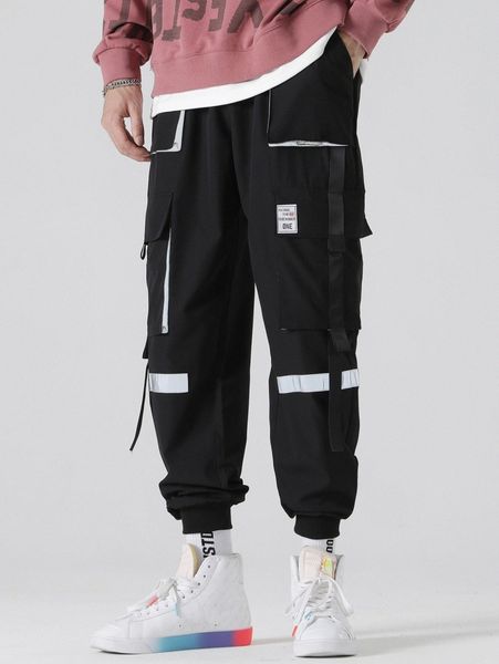 

men ribbon flap pocket cargo pants x6ux#, Black