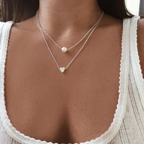 

chains pearl necklaces women bohemian style multilayer chain heart pendant necklace women's jewelry accessories kpop collier, Silver