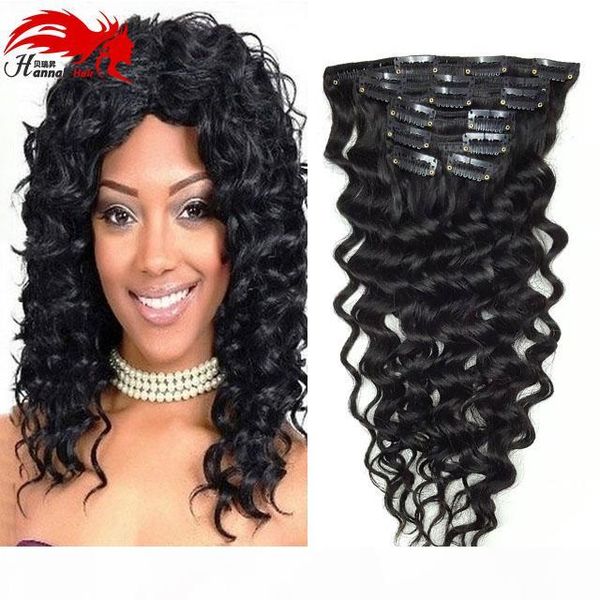 

hannah product clip in hair extension deep curly wave human hair extensions 7a brazilian hair clip in extension, Black;brown