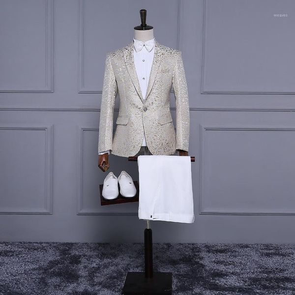 

2017 fashion light yellow long sleeves pattern stage performance costumes wedding party groomsman groom suit/blazers1, White;black