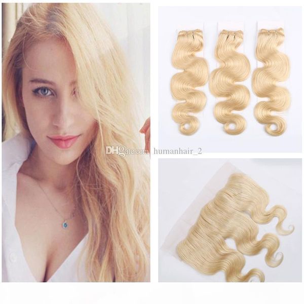 

indian virgin hair 613 blonde body wave human hair weave 3 bundles with lace frontal 13*4 ear to ear frontal with baby hair, Black;brown