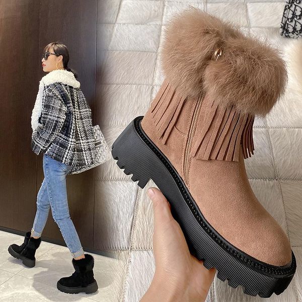 

элитная fur snow boots женщины корова suede коренастый платформы высокие каблуки плюшевые кисточкой ботильоны зимы теплые ботинки, Black