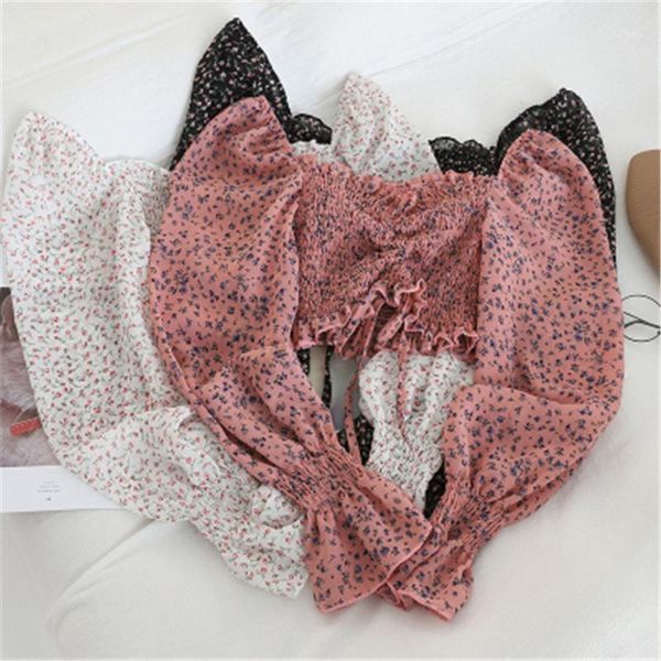 

2020 korean fashion beach print blouses shirt women long sleeve ruffle short blouse female blusas sy0281, White