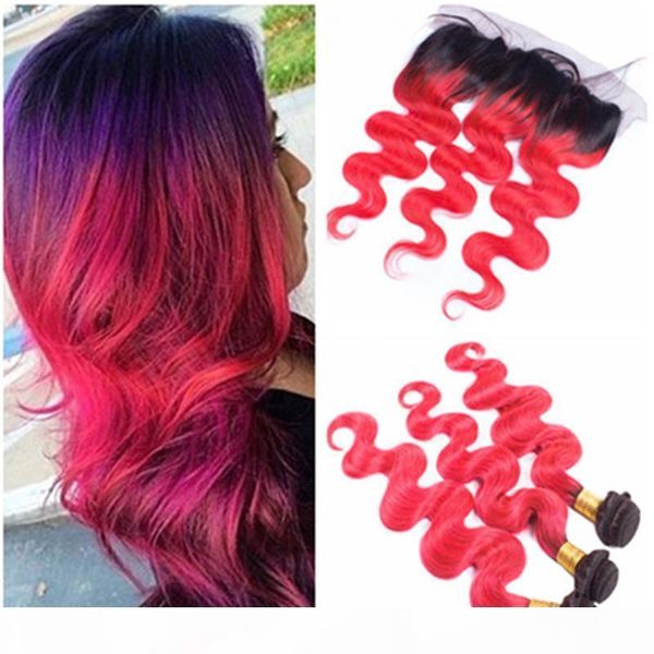 

body wave #1b red ombre ear to ear 13x4 lace frontal closure with weave bundles ombre red virgin peruvian human hair bundle deals, Black;brown