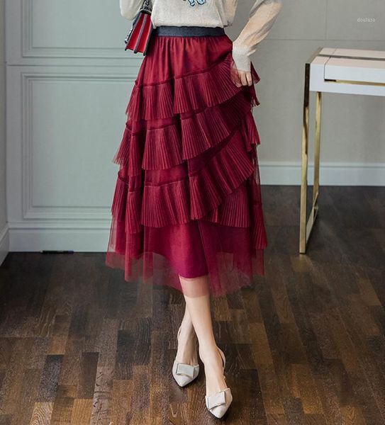 

ladies mesh skirt pleated half-dress women fashion high waist elastic sweet solid color casual lace 3-layered tulle midi skirt1, Black