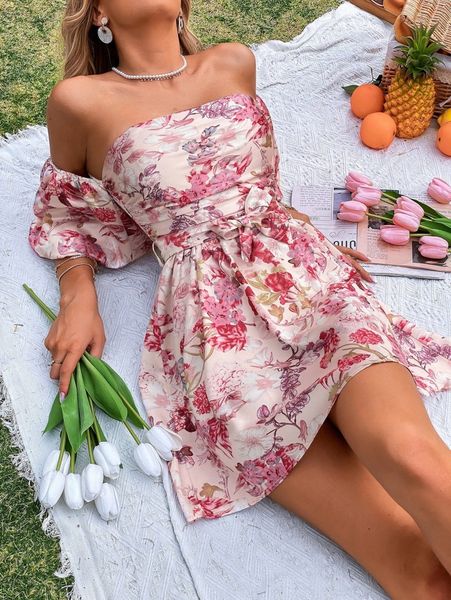 

floral print off shoulder belted dress w2fn#, Black;gray