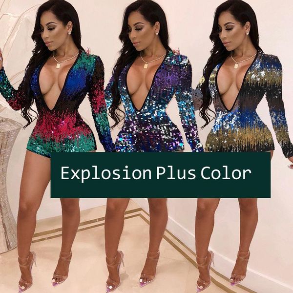 

women's fashion sequins long-sleeved jumpsuit women autumn sale, Black;white