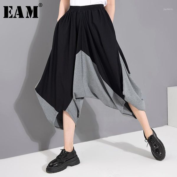 

eam] high elastic waist gray wide leg contrast colortrousers new loose fit pants women fashion tide spring summer 2020 1w503021, Black;white